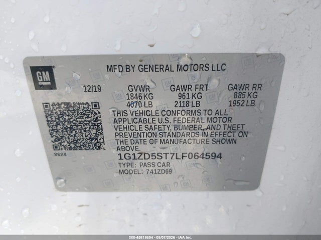 Продажа на аукционе авто 2020 Chevrolet Malibu Fwd Lt, vin: 1G1ZD5ST7LF064594, номер лота: 45818694
