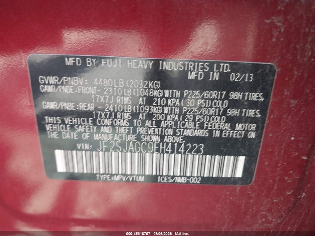 45818707 :رقم المزاد ، JF2SJAGC9EH414223 vin ، 2014 Subaru Forester 2.5i Premium مزاد بيع