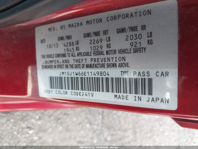 45818732 :رقم المزاد ، JM1GJ1W66E1149804 vin ، 2014 Mazda Mazda6 I Grand Touring مزاد بيع