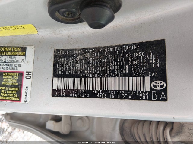 Aukcja sprzedaży 2018 Toyota Corolla Se, vin: 5YFBURHE7JP774531, numer aukcji: 45818740