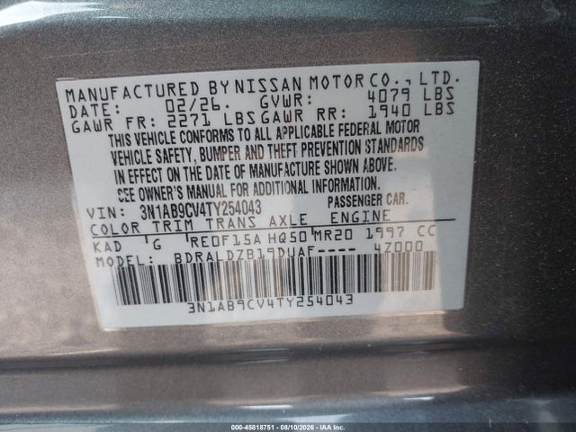 2026 Nissan Sentra Sv მანქანა იყიდება აუქციონზე, vin: 3N1AB9CV4TY254043, აუქციონის ნომერი: 45818751