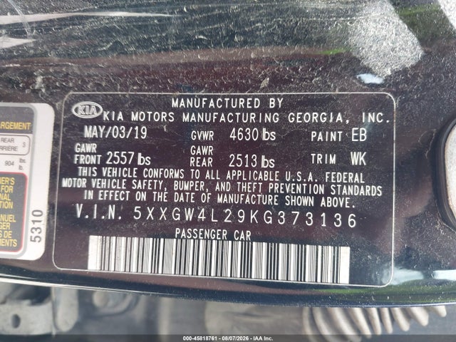 Продаж на аукціоні авто 2019 Kia Optima Sx Turbo, vin: 5XXGW4L29KG373136, номер лоту: 45818761