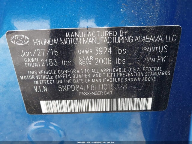 2017 Hyundai Elantra Limited მანქანა იყიდება აუქციონზე, vin: 5NPD84LF8HH015328, აუქციონის ნომერი: 45818763