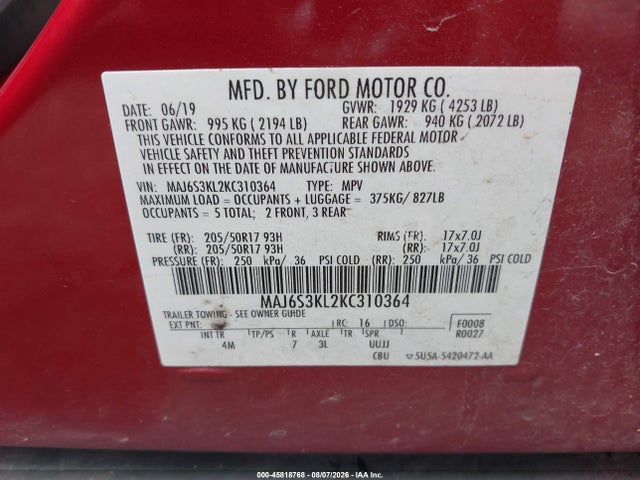 Продаж на аукціоні авто 2019 Ford Ecosport Titanium, vin: MAJ6S3KL2KC310364, номер лоту: 45818768