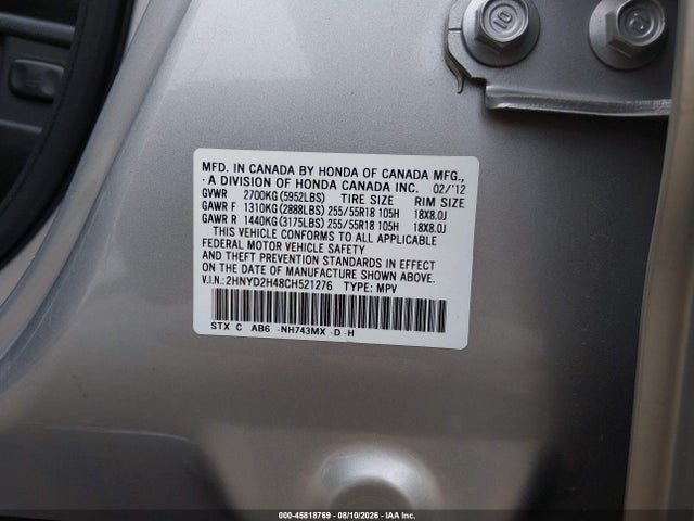 45818769 :رقم المزاد ، 2HNYD2H48CH521276 vin ، 2012 Acura Mdx Technology Package مزاد بيع