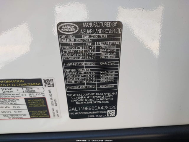 Auction sale of the 2025 Land Rover Range Rover Sport P530 Autobiography, vin: SAL119E98SA428028, lot number: 45818770