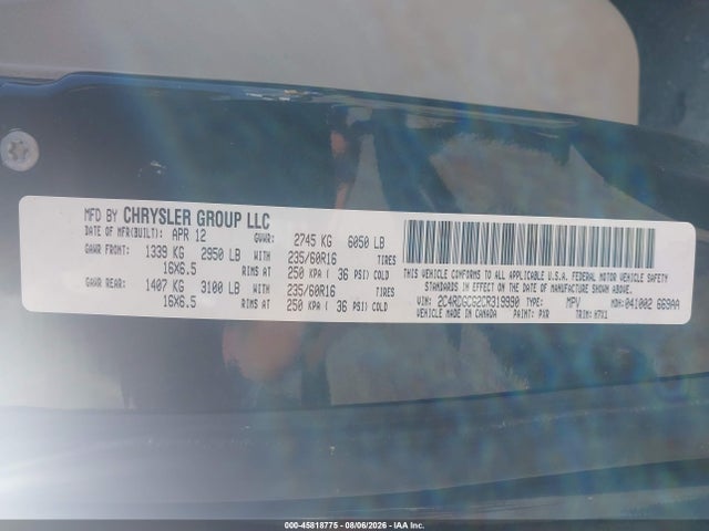 Продаж на аукціоні авто 2012 Dodge Grand Caravan Sxt, vin: 2C4RDGCG2CR319990, номер лоту: 45818775