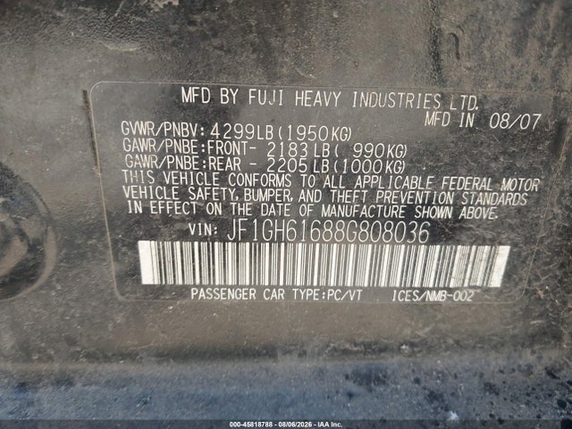 45818788 :رقم المزاد ، JF1GH61688G808036 vin ، 2008 Subaru Impreza 2.5i مزاد بيع
