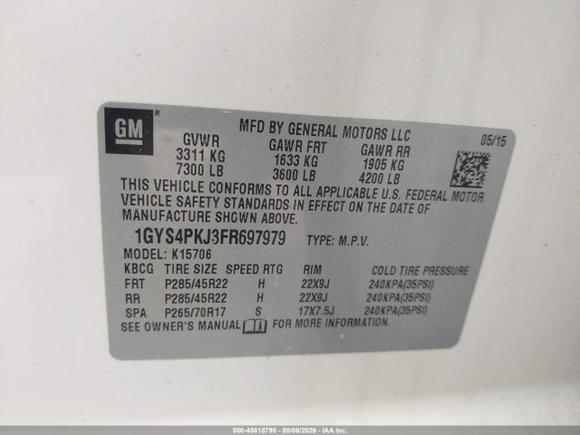 45818798 :رقم المزاد ، 1GYS4PKJ3FR697979 vin ، 2015 Cadillac Escalade Platinum مزاد بيع