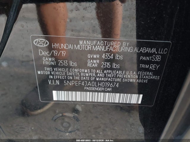 45818803 :رقم المزاد ، 5NPEF4JA0LH019674 vin ، 2020 Hyundai Sonata Sel مزاد بيع