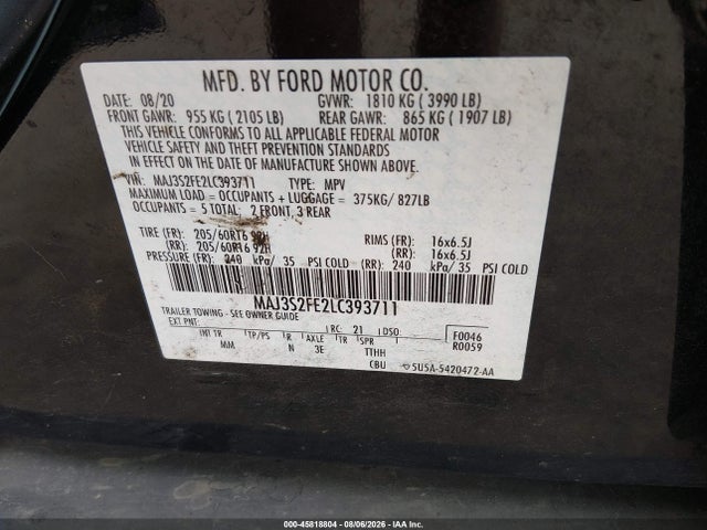45818804 :رقم المزاد ، MAJ3S2FE2LC393711 vin ، 2020 Ford Ecosport S مزاد بيع