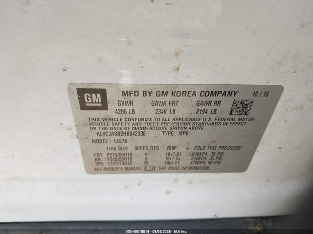 2017 Buick Encore Preferred მანქანა იყიდება აუქციონზე, vin: KL4CJASB2HB042338, აუქციონის ნომერი: 45818814