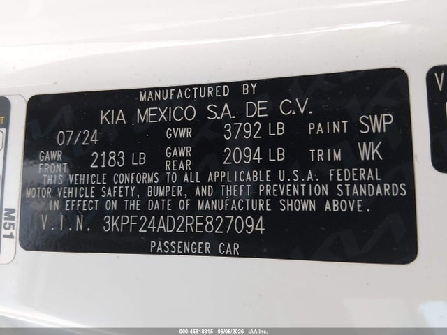 45818815 :رقم المزاد ، 3KPF24AD2RE827094 vin ، 2024 Kia Forte Lxs مزاد بيع