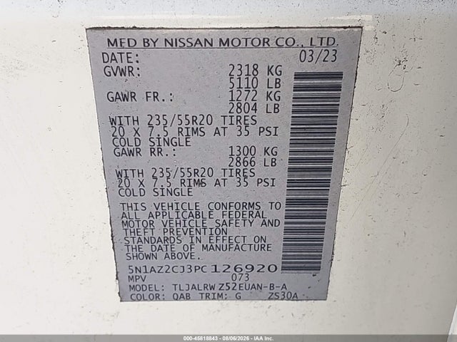 Продажа на аукционе авто 2023 Nissan Murano Sl Fwd, vin: 5N1AZ2CJ3PC126920, номер лота: 45818843