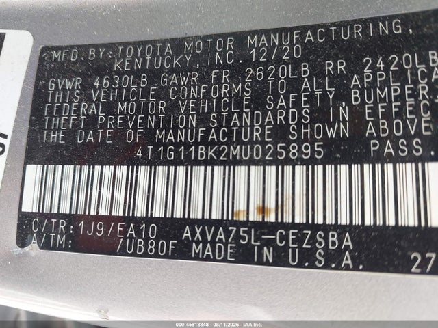 Продажа на аукционе авто 2021 Toyota Camry Se Awd, vin: 4T1G11BK2MU025895, номер лота: 45818848