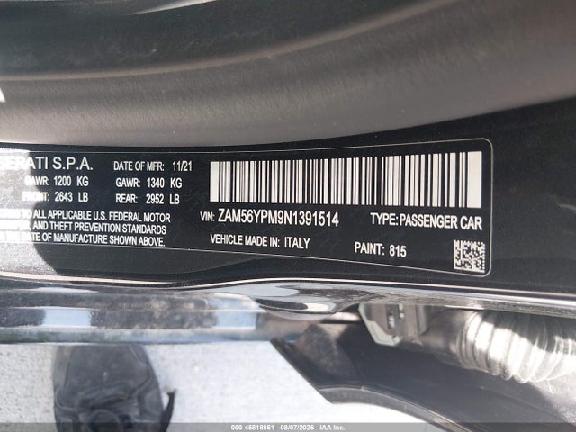 45818851 :رقم المزاد ، ZAM56YPM9N1391514 vin ، 2022 Maserati Quattroporte Modena مزاد بيع