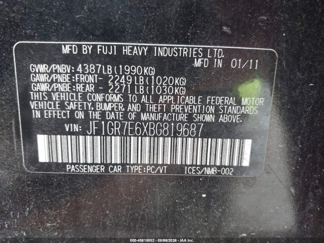 Aukcja sprzedaży 2011 Subaru Impreza Wrx, vin: JF1GR7E6XBG819687, numer aukcji: 45818852
