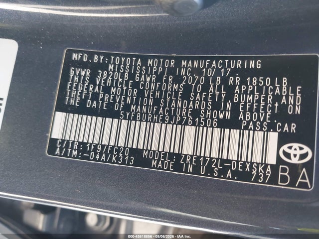 2018 Toyota Corolla Se მანქანა იყიდება აუქციონზე, vin: 5YFBURHE9JP761506, აუქციონის ნომერი: 45818856