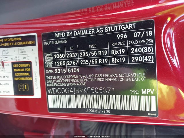 Продаж на аукціоні авто 2019 Mercedes-benz Glc 300, vin: WDC0G4JB9KF505371, номер лоту: 45818871
