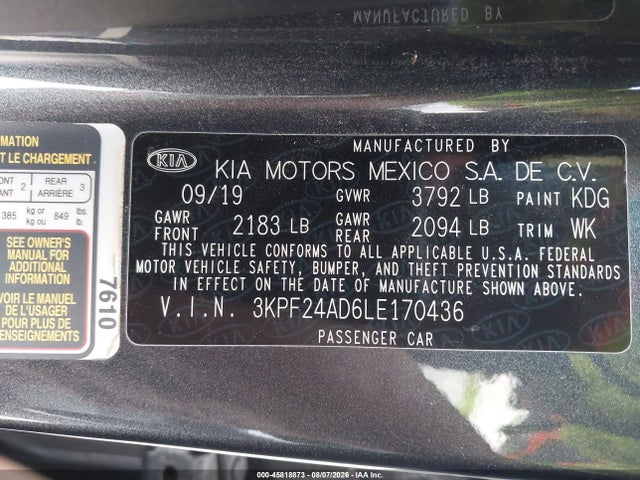 Aukcja sprzedaży 2020 Kia Forte Lxs, vin: 3KPF24AD6LE170436, numer aukcji: 45818873
