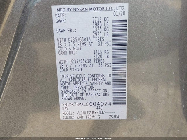 5N1DR2BMXLC604074 Nissan Pathfinder Sv 4wd