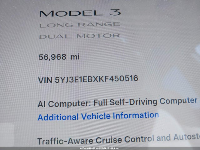 2019 Tesla Model 3 Long Range/performance მანქანა იყიდება აუქციონზე, vin: 5YJ3E1EBXKF450516, აუქციონის ნომერი: 45818888