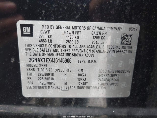45818889 :رقم المزاد ، 2GNAXTEX4J6145906 vin ، 2018 Chevrolet Equinox Lt مزاد بيع