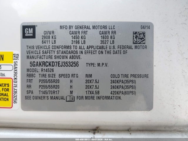 45818913 :رقم المزاد ، 5GAKRCKD7EJ353256 vin ، 2014 Buick Enclave Premium مزاد بيع