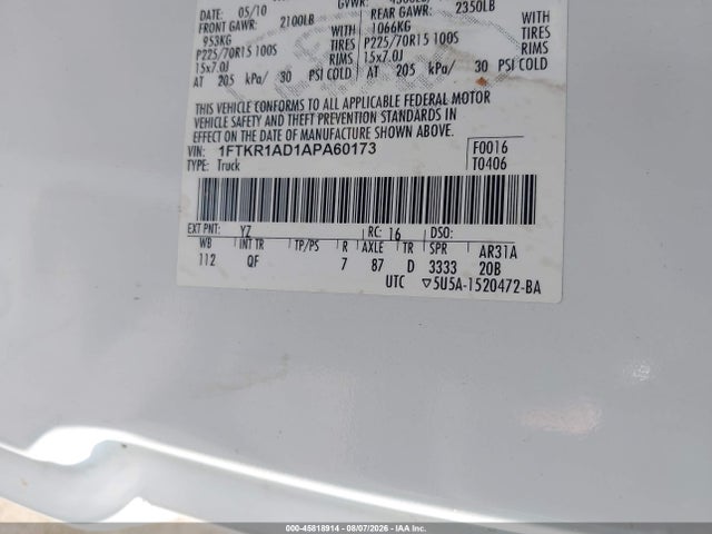Продаж на аукціоні авто 2010 Ford Ranger Xl/xlt, vin: 1FTKR1AD1APA60173, номер лоту: 45818914