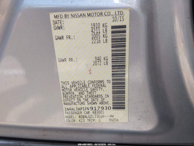 Aukcja sprzedaży 2015 Nissan Altima 2.5 S, vin: 1N4AL3AP1FN917930, numer aukcji: 45818923