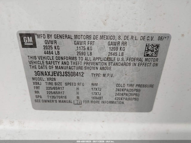 Aukcja sprzedaży 2018 Chevrolet Equinox Lt, vin: 3GNAXJEV3JS508412, numer aukcji: 45818928