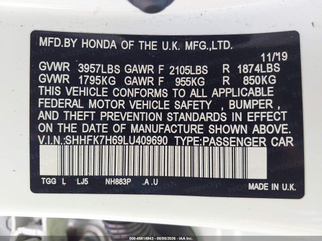 Honda CIVIC EX 2020 SHHFK7H69LU409690 Image 9