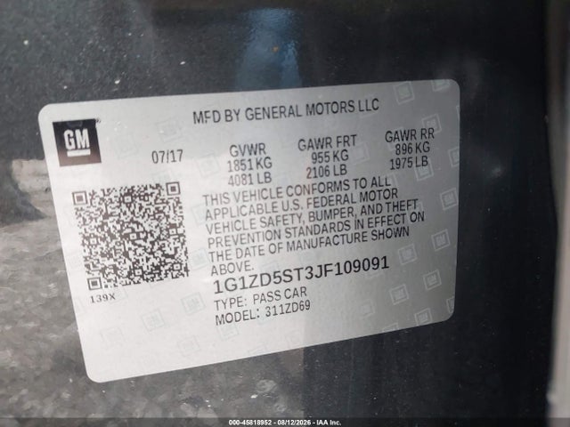 45818952 :رقم المزاد ، 1G1ZD5ST3JF109091 vin ، 2018 Chevrolet Malibu Lt مزاد بيع