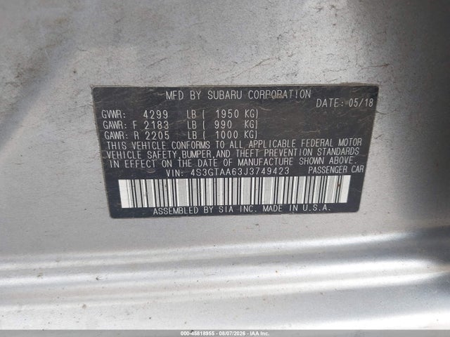 45818955 :رقم المزاد ، 4S3GTAA63J3749423 vin ، 2018 Subaru Impreza 2.0i مزاد بيع