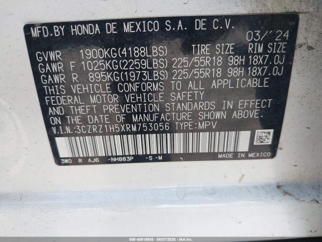 Aukcja sprzedaży 2024 Honda Hr-v 2wd Sport/2wd Sport W/o Bsi, vin: 3CZRZ1H5XRM753056, numer aukcji: 45818958