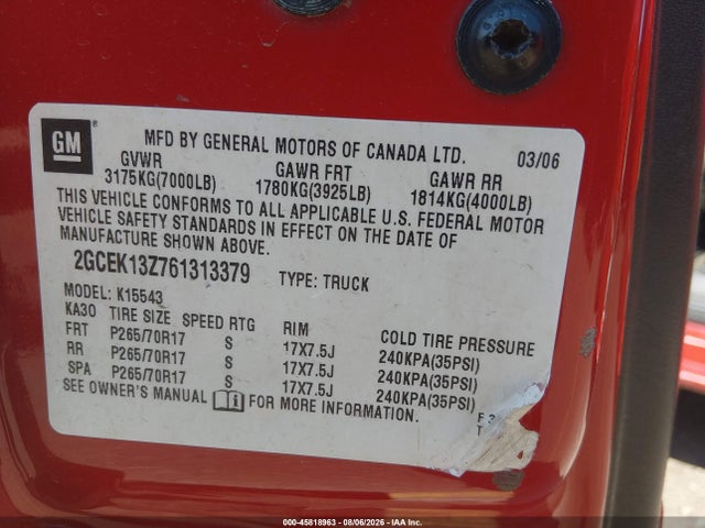 Aukcja sprzedaży 2006 Chevrolet Silverado 1500 Lt1, vin: 2GCEK13Z761313379, numer aukcji: 45818963