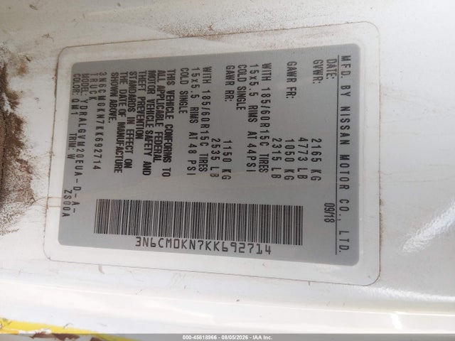3N6CM0KN7KK692714 Nissan NV200 SV