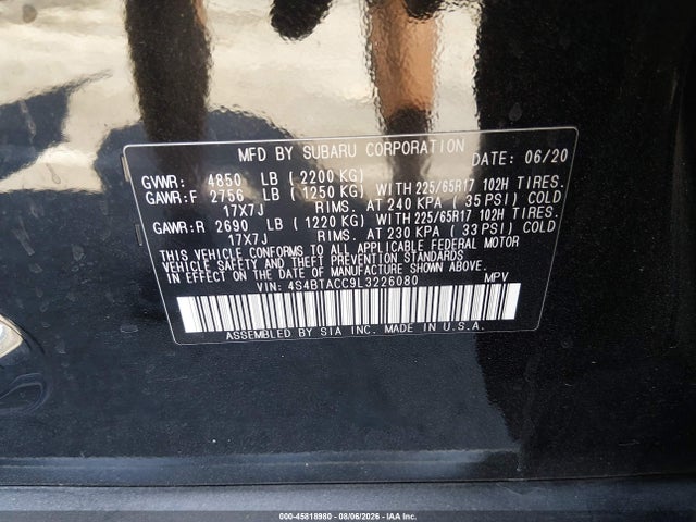 Auction sale of the 2020 Subaru Outback Premium, vin: 4S4BTACC9L3226080, lot number: 45818980
