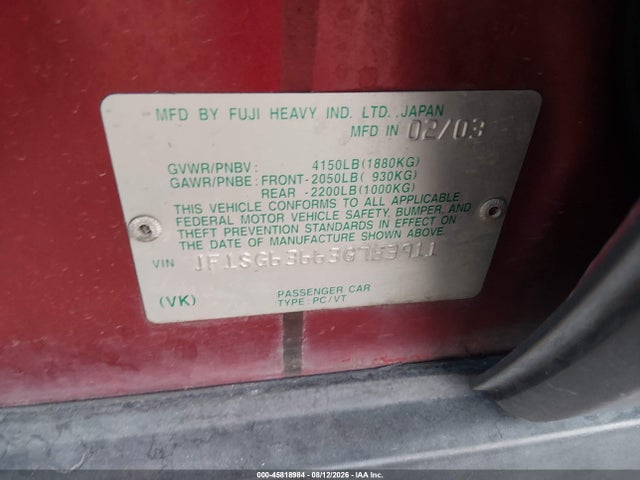 45818984 :رقم المزاد ، JF1SG63663G763911 vin ، 2003 Subaru Forester X مزاد بيع