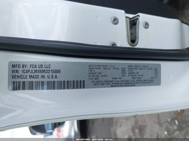 Продаж на аукціоні авто 2021 Jeep Cherokee Latitude Lux Fwd, vin: 1C4PJLMX6MD215000, номер лоту: 45818997