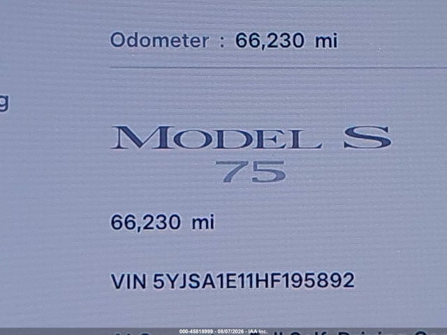 45818999 :رقم المزاد ، 5YJSA1E11HF195892 vin ، 2017 Tesla Model S 60/75 مزاد بيع