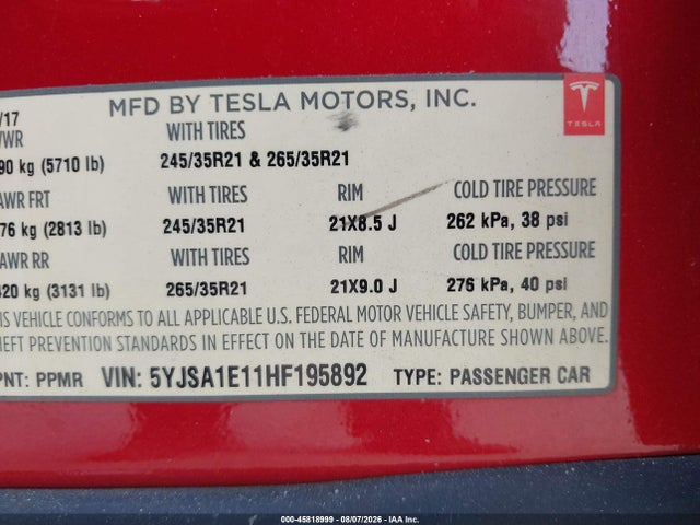 45818999 :رقم المزاد ، 5YJSA1E11HF195892 vin ، 2017 Tesla Model S 60/75 مزاد بيع