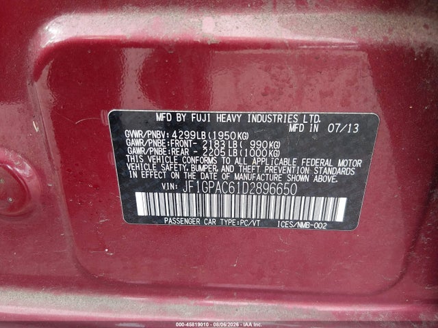 Aukcja sprzedaży 2013 Subaru Impreza 2.0i Premium, vin: JF1GPAC61D2896650, numer aukcji: 45819010