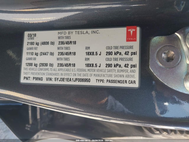 Aukcja sprzedaży 2018 Tesla Model 3 Long Range/mid Range, vin: 5YJ3E1EA1JF006950, numer aukcji: 45819013