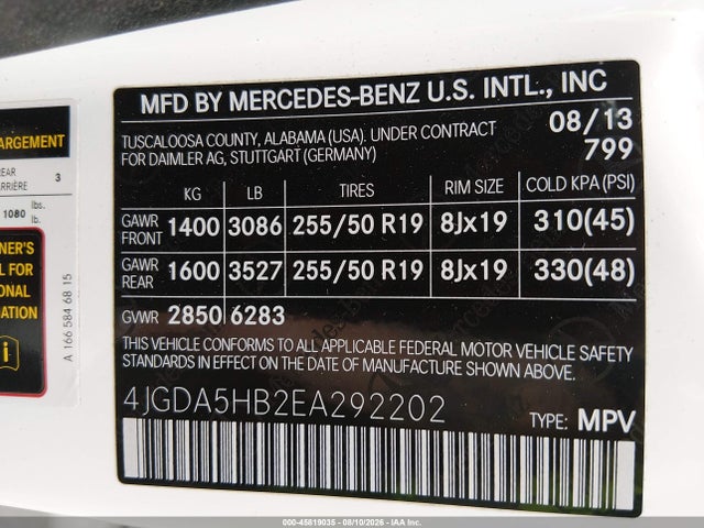 45819035 :رقم المزاد ، 4JGDA5HB2EA292202 vin ، 2014 Mercedes-benz Ml 350 4matic مزاد بيع
