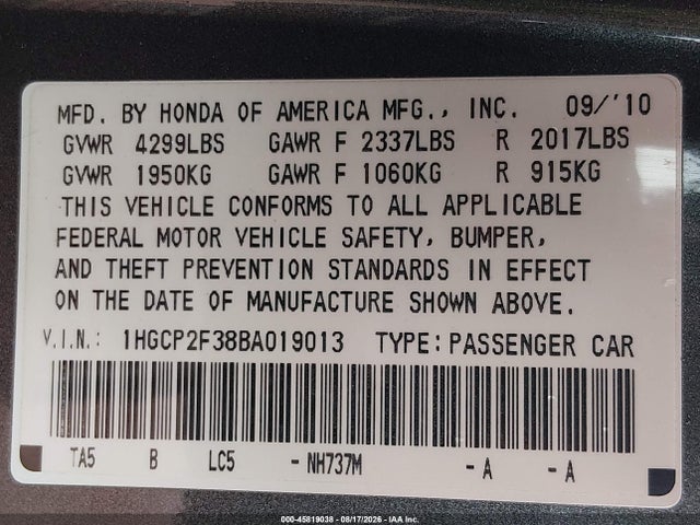 Продажа на аукционе авто 2011 Honda Accord 2.4 Lx, vin: 1HGCP2F38BA019013, номер лота: 45819038