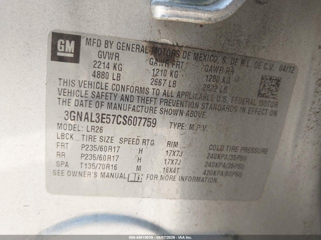45819039 :رقم المزاد ، 3GNAL3E57CS607759 vin ، 2012 Chevrolet Captiva Sport Lt مزاد بيع