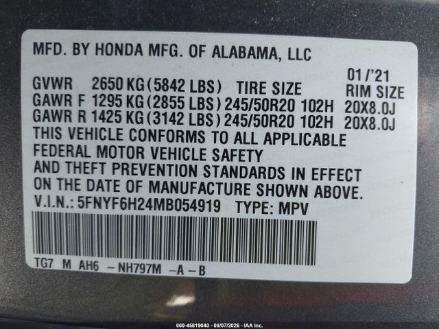 45819040 :رقم المزاد ، 5FNYF6H24MB054919 vin ، 2021 Honda Pilot Awd Special Edition مزاد بيع