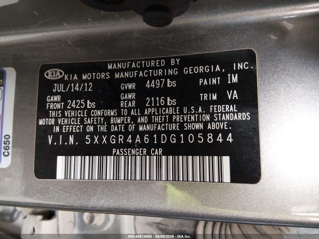 2013 Kia Optima Sx მანქანა იყიდება აუქციონზე, vin: 5XXGR4A61DG105844, აუქციონის ნომერი: 45819060