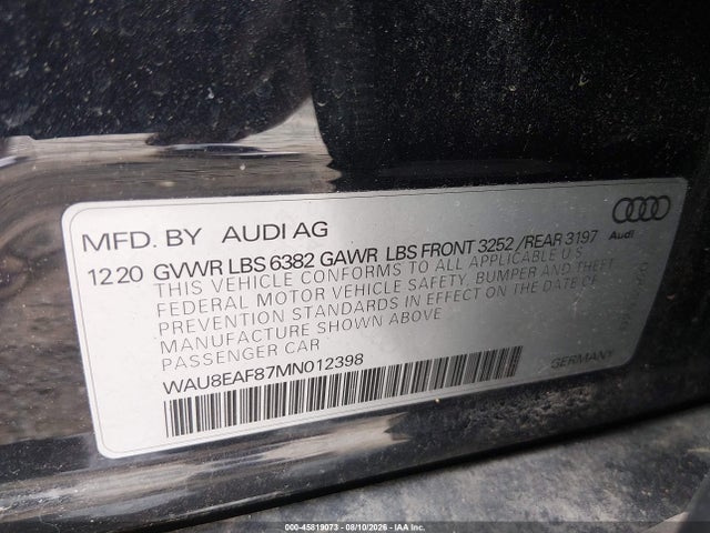 Aukcja sprzedaży 2021 Audi A8 L 60 Tfsi Quattro Tiptronic, vin: WAU8EAF87MN012398, numer aukcji: 45819073